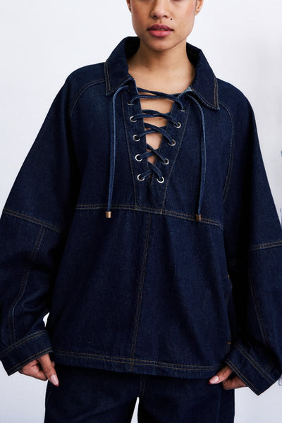 uniquely shaped roomy top in deep blue denim