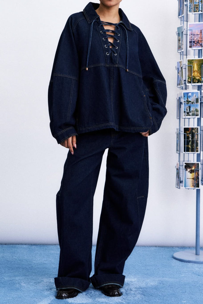 uniquely shaped roomy top in deep blue denim