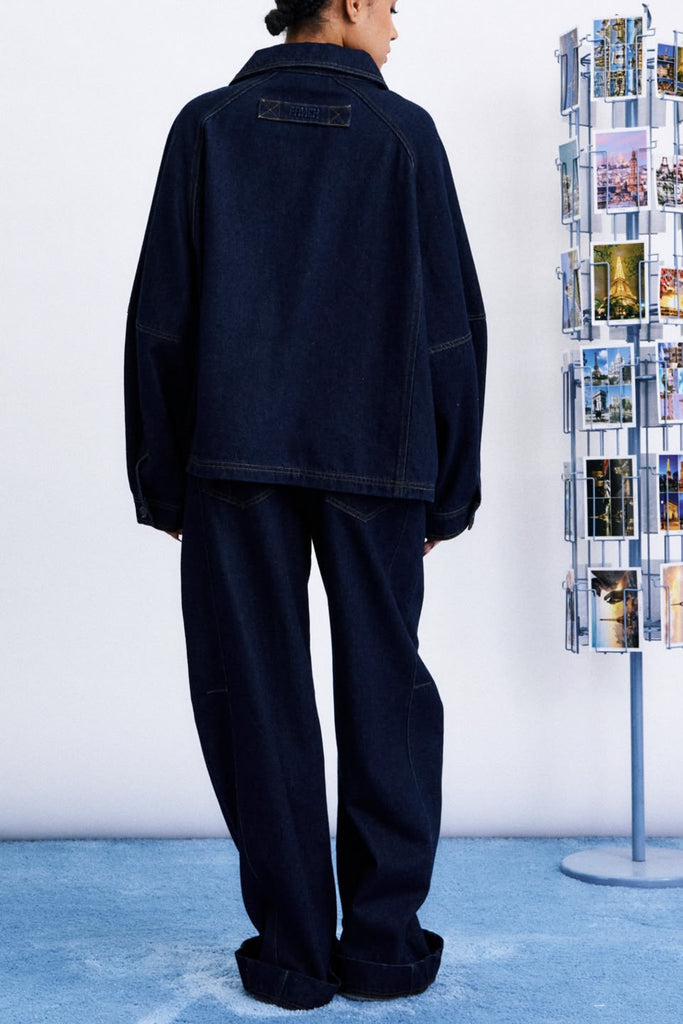 uniquely shaped roomy top in deep blue denim