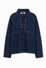 uniquely shaped roomy top in deep blue denim