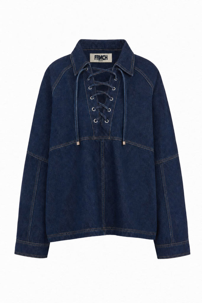 uniquely shaped roomy top in deep blue denim