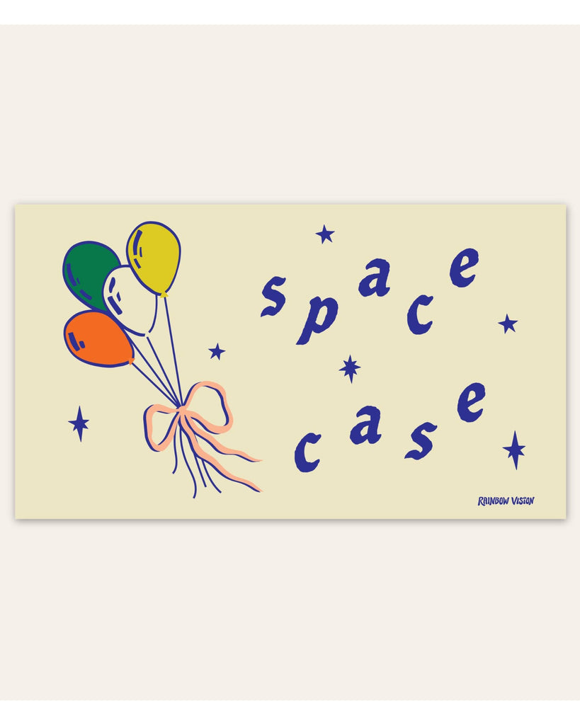 white bumper sticker with colorful balloons and the message "space case"