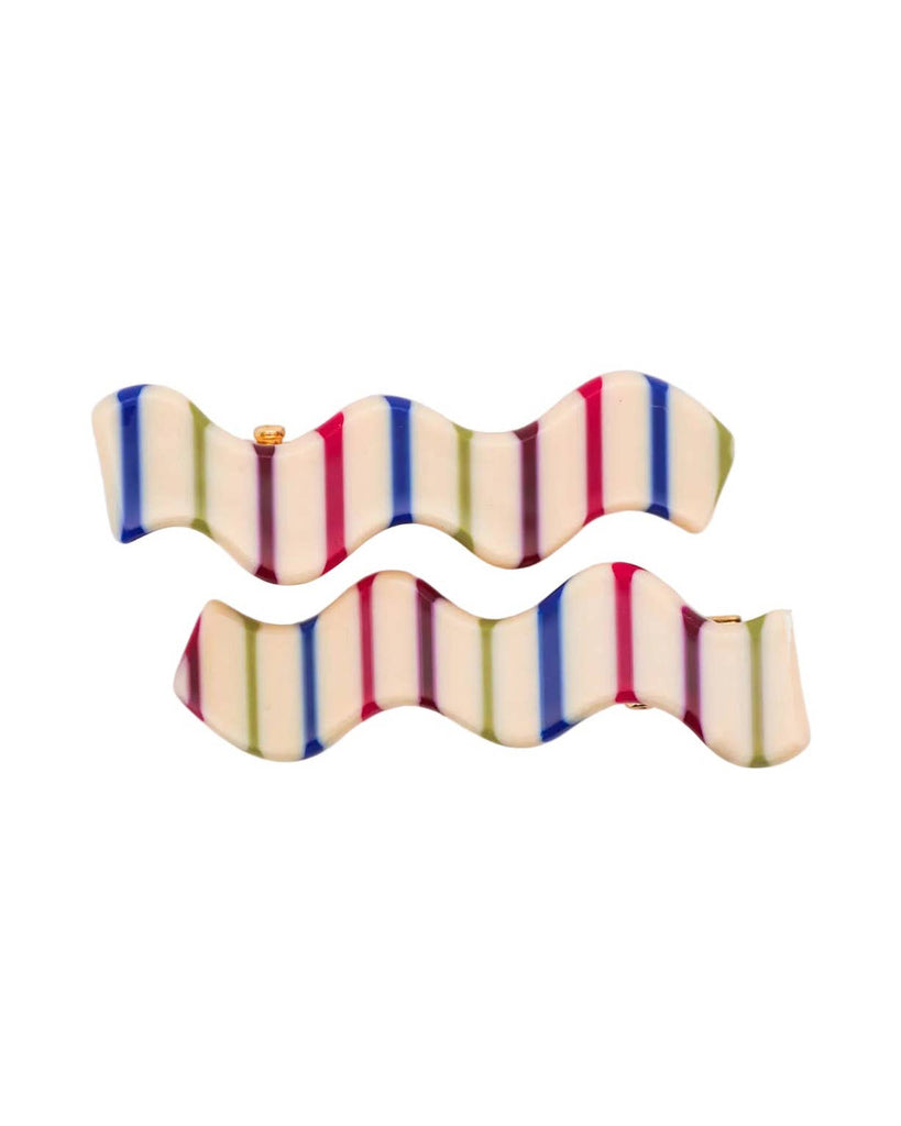 set of 2 hair clips with a squiggle design in candy stripes