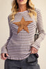 ribbed long sleeve top in muted brown and pale purple stripes with a star patch detail in tan