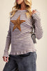 ribbed long sleeve top in muted brown and pale purple stripes with a star patch detail in tan