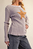 ribbed long sleeve top in muted brown and pale purple stripes with a star patch detail in tan