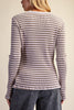 ribbed long sleeve top in muted brown and pale purple stripes with a star patch detail in tan