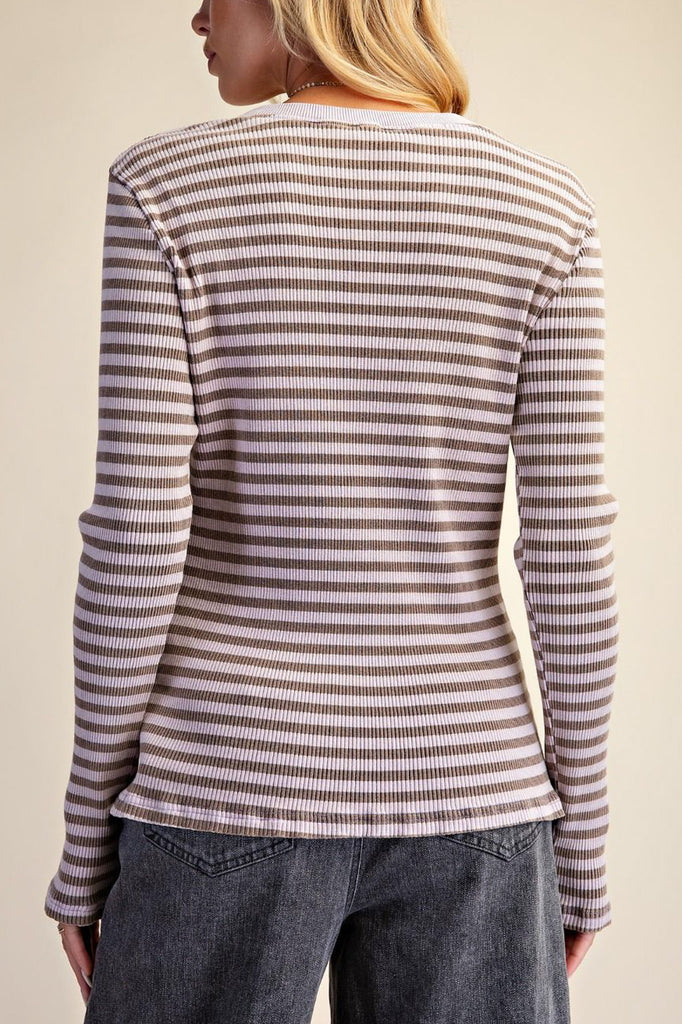 ribbed long sleeve top in muted brown and pale purple stripes with a star patch detail in tan