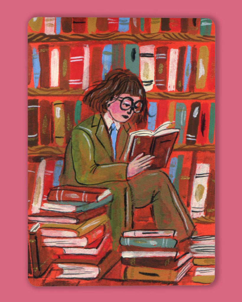 colorful sticker featuring a woman in a green suit reading