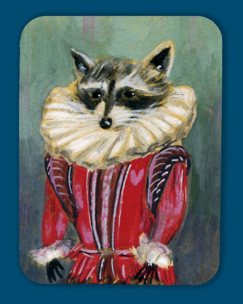 sticker featuring an elaborately dressed raccoon