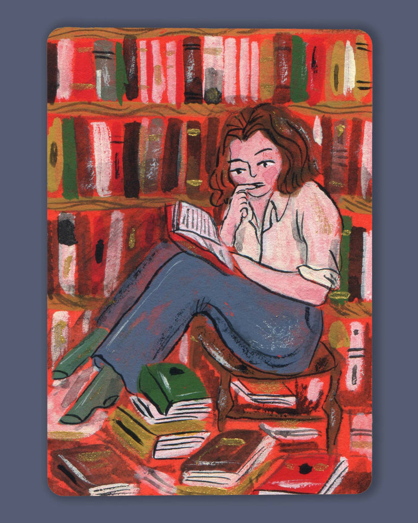 sticker featuring a woman surrounded by books 