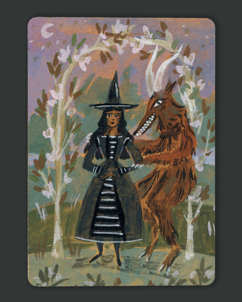 beautiful sticker featuring a witch and her familiar 