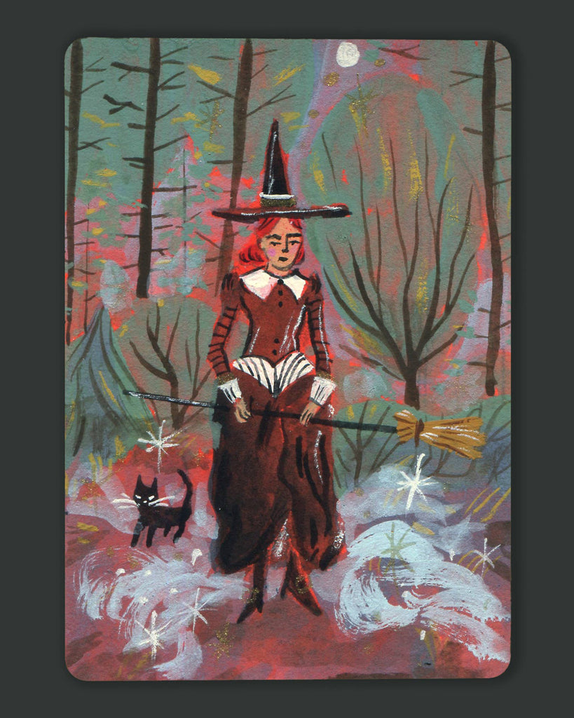 beautiful sticker featuring a witch in the forest on a moonlit night
