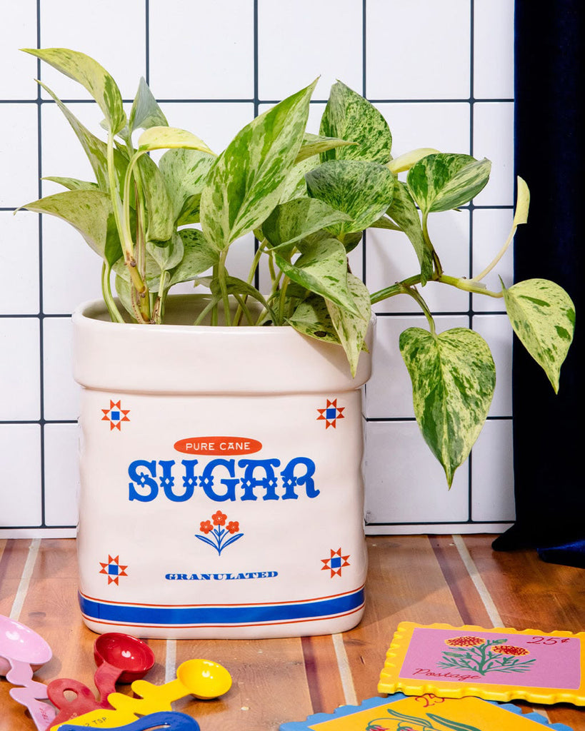 ceramic planter in the shape of a sugar jar 