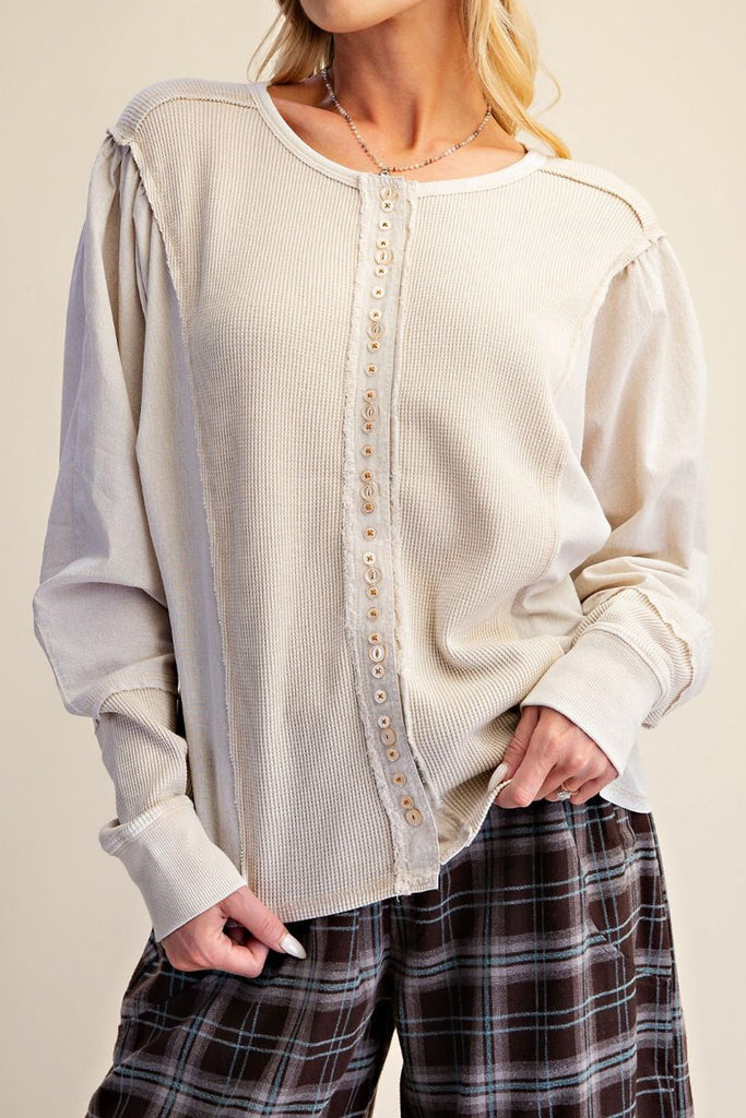 soft button down top in ecru with special detailing throughout