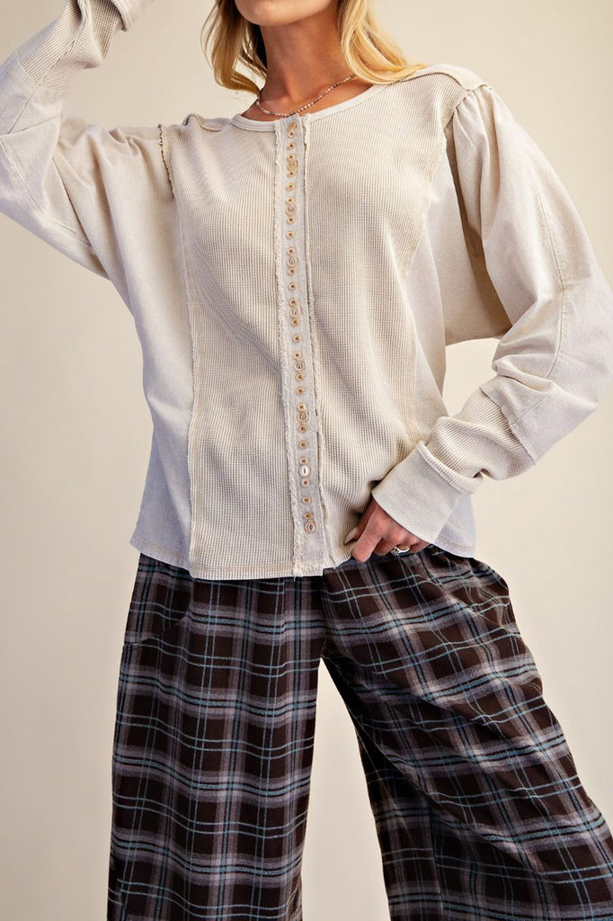 soft button down top in ecru with special detailing throughout