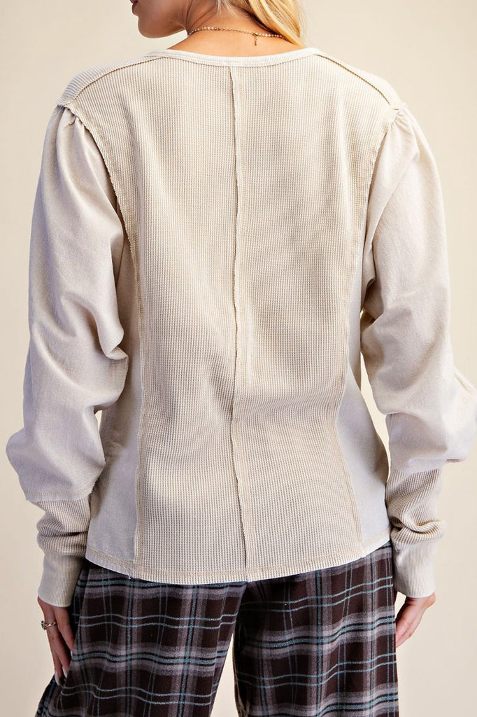 soft button down top in ecru with special detailing throughout