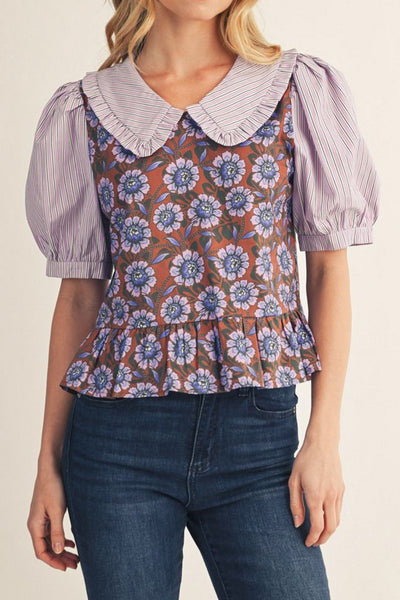 Telly Lavender Floral Collar Top