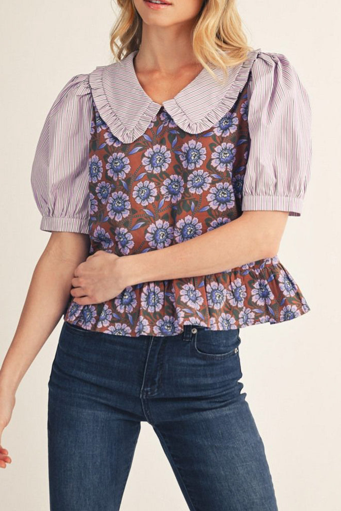 Telly Lavender Floral Collar Top