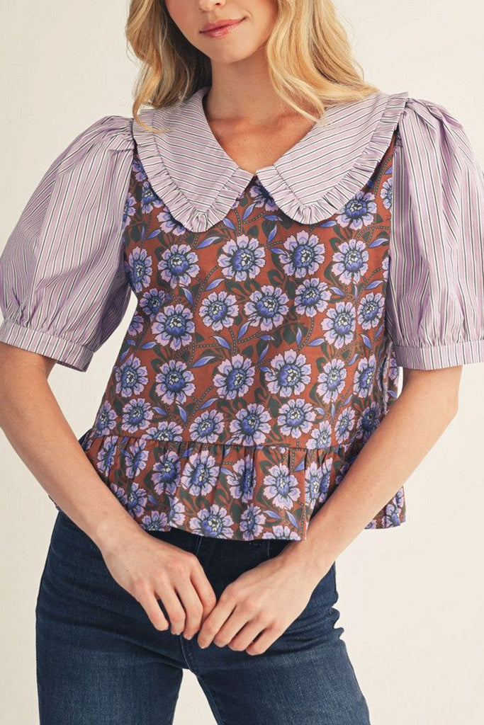 Telly Lavender Floral Collar Top