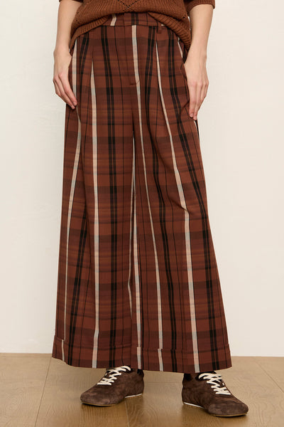 cropped wide leg pants in a brown and black plaid pattern