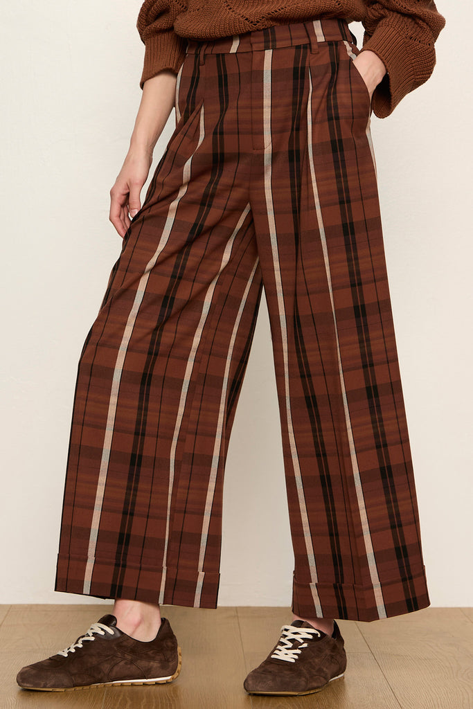 cropped wide leg pants in a brown and black plaid pattern