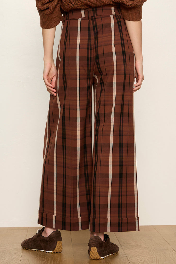 cropped wide leg pants in a brown and black plaid pattern