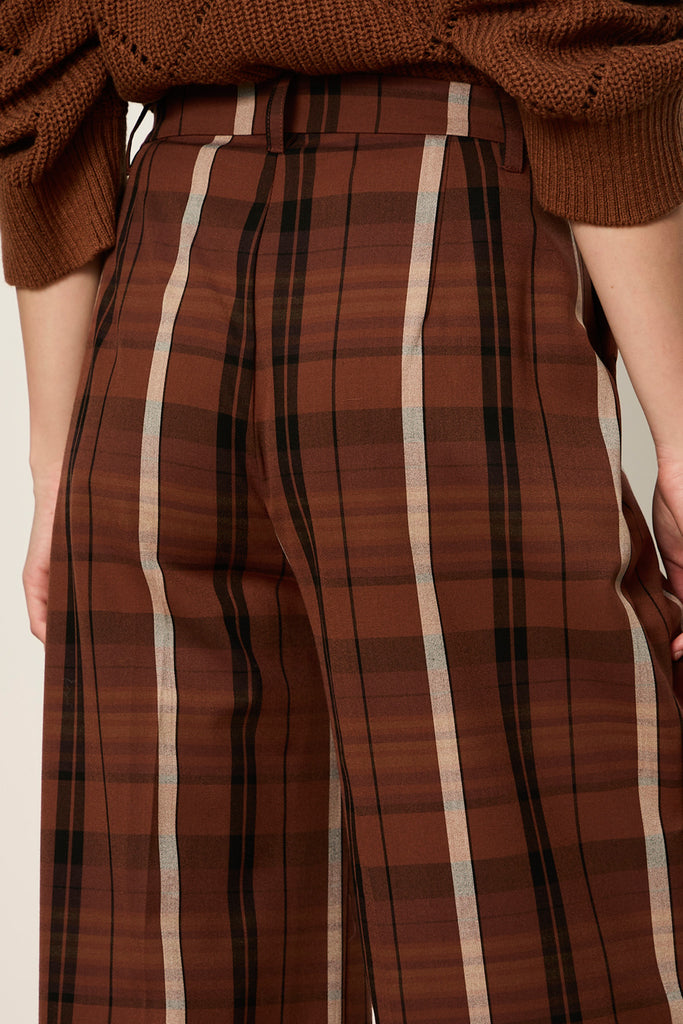 cropped wide leg pants in a brown and black plaid pattern