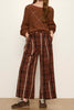 cropped wide leg pants in a brown and black plaid pattern