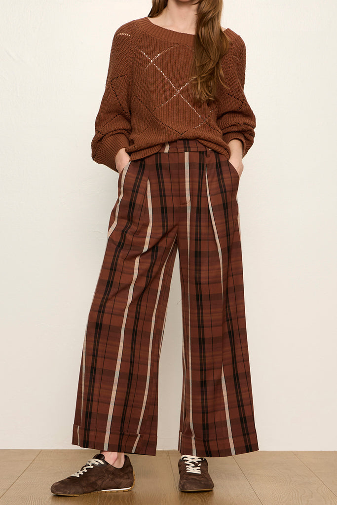 cropped wide leg pants in a brown and black plaid pattern