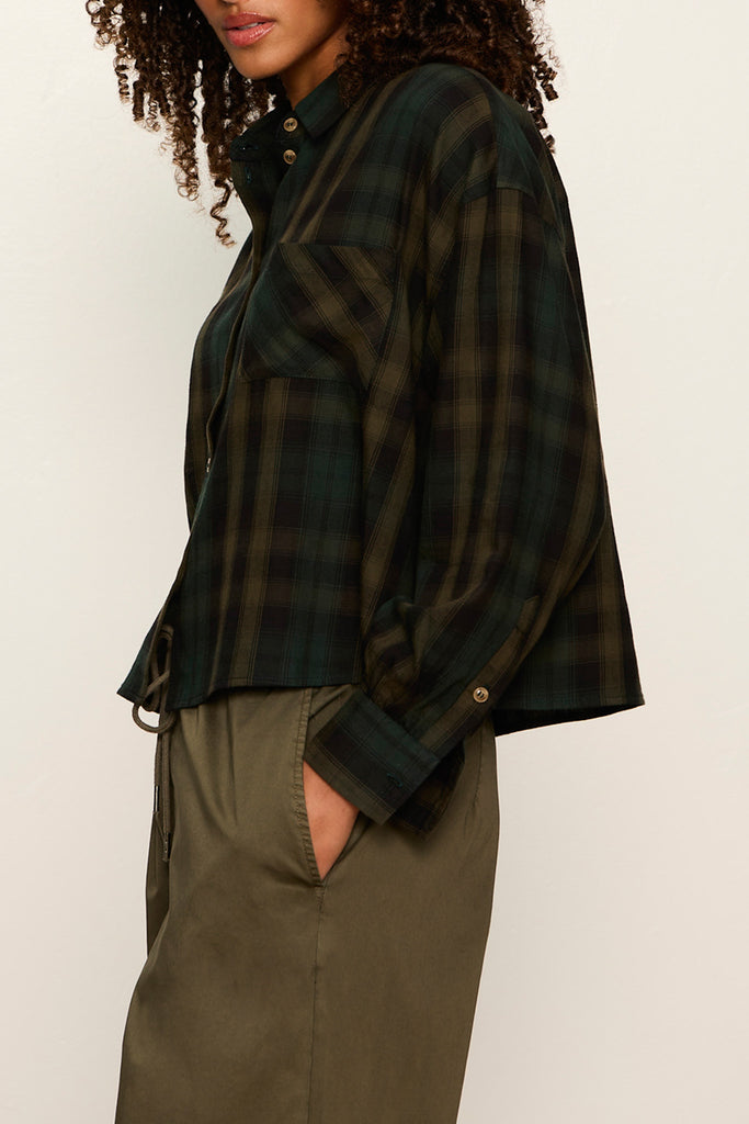 lightweight button down flannel top in a forest green plaid pattern