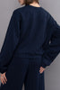 elevated navy blue and pale blue striped pullover with a boxy fit