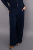 elevated navy blue and pale blue striped pull on pants with pintuck details