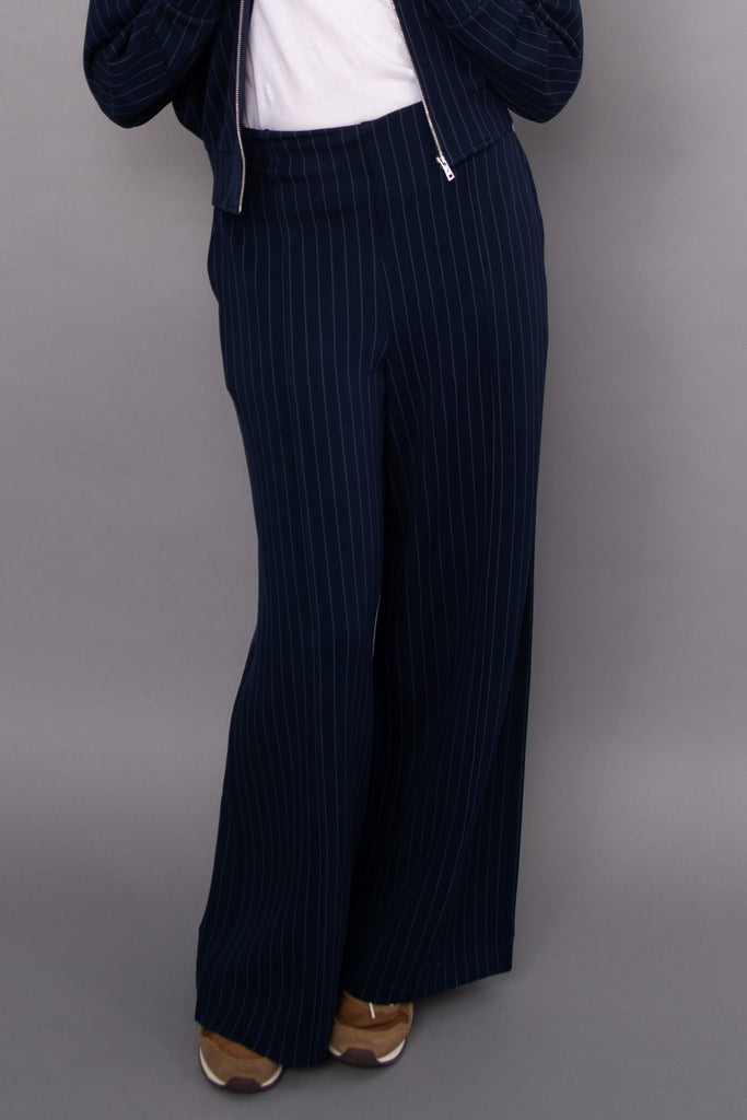 elevated navy blue and pale blue striped pull on pants with pintuck details