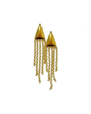 Gold cone-shaped earrings with chain fringes 