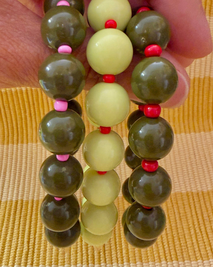 tini beaded bracelet in rose, pickle, and olive