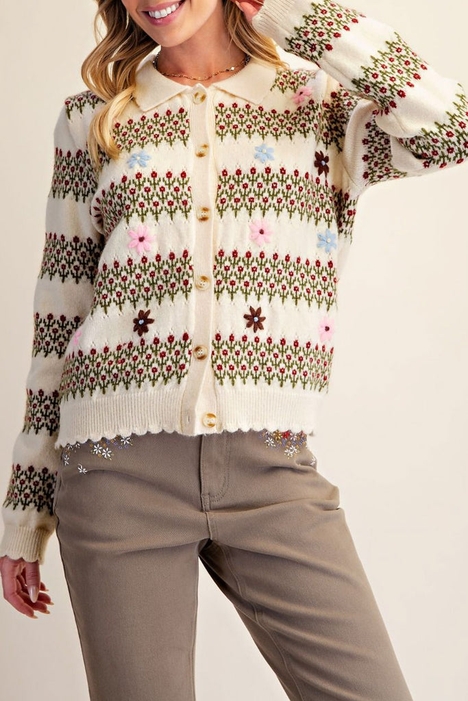 sweet collared cardigan in ivory with delicate floral embroidery throughout