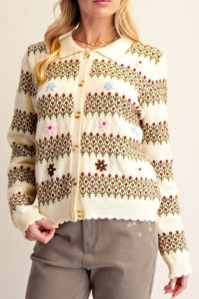 sweet collared cardigan in ivory with delicate floral embroidery throughout