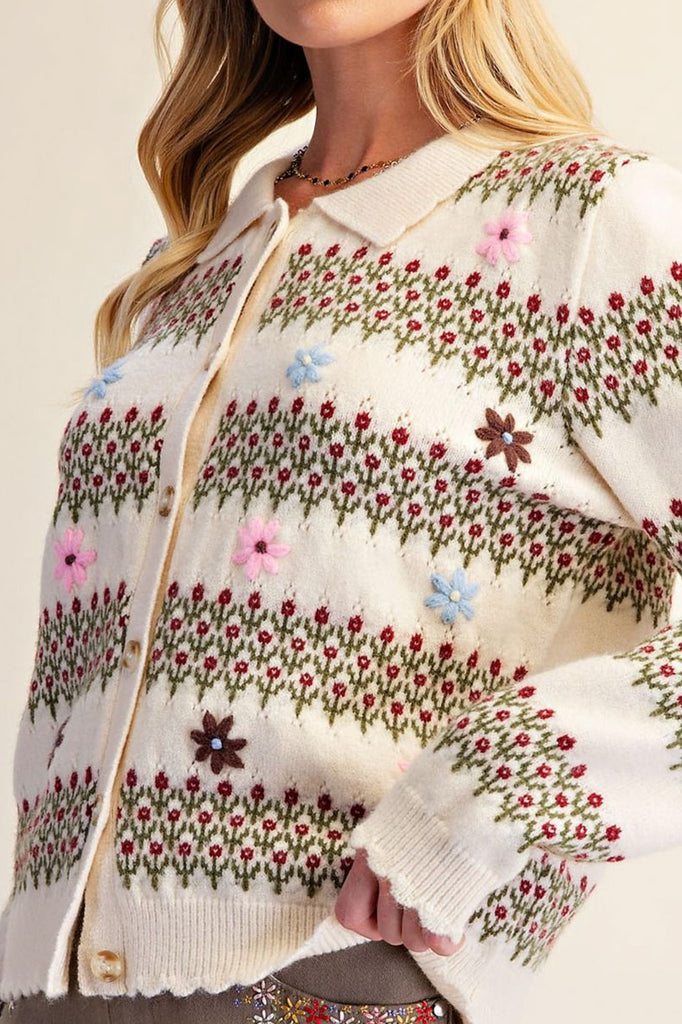 sweet collared cardigan in ivory with delicate floral embroidery throughout
