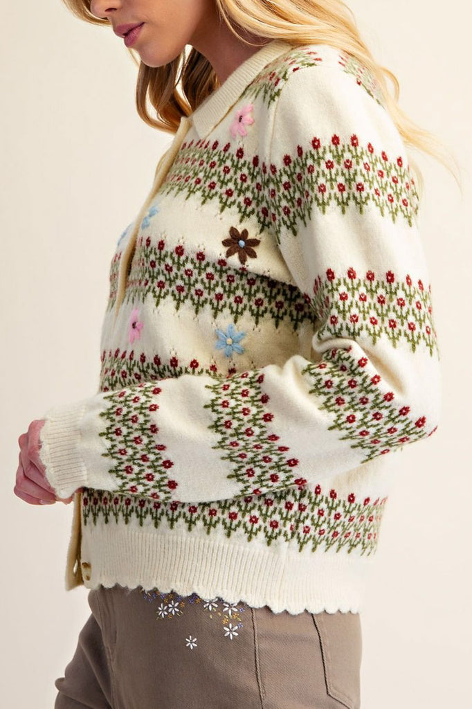sweet collared cardigan in ivory with delicate floral embroidery throughout