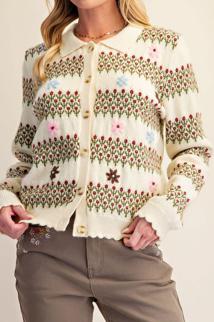 sweet collared cardigan in ivory with delicate floral embroidery throughout