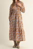 long sleeve midi dress in a pretty toffee brown and cornflower blue floral pattern.