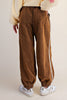 unique joggers made from camel brown baby corduroy with a sweet ditsy floral pattern