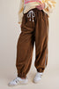 unique joggers made from camel brown baby corduroy with a sweet ditsy floral pattern