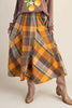 flowy midi skirt in a brown and orange plaid pattern