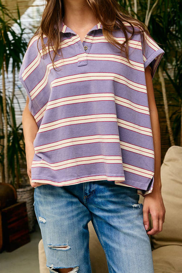oversized polo style top in light purple, pink, and white stripes 
