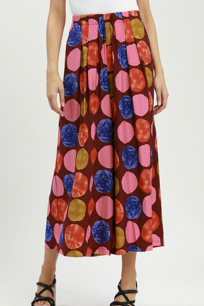 flowy wide leg pants with a colorful polka dot pattern