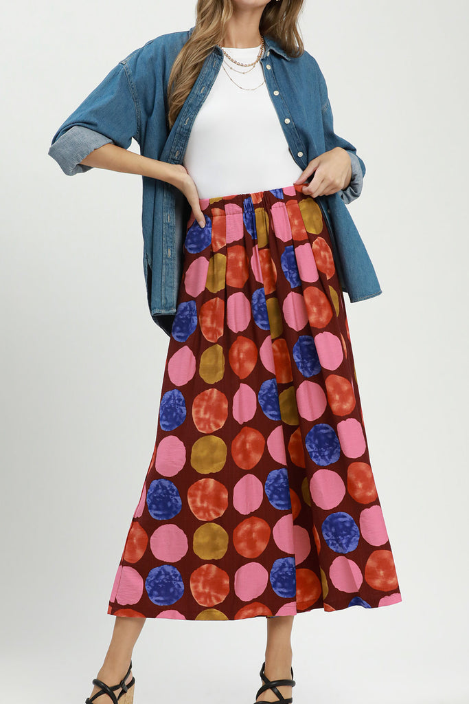 flowy wide leg pants with a colorful polka dot pattern