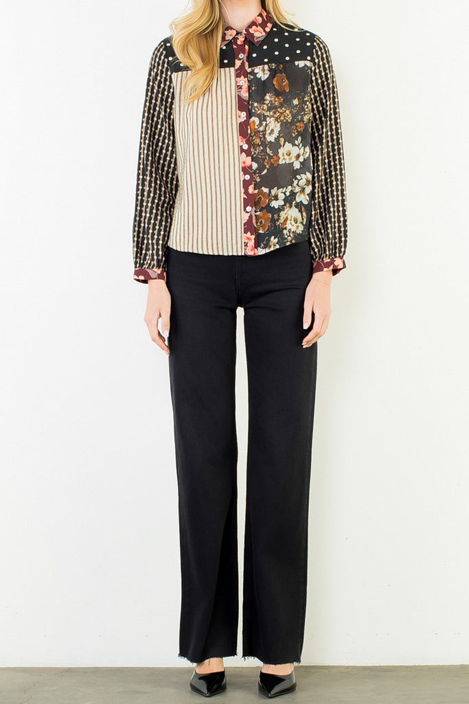 button down top with a striking mixed print design