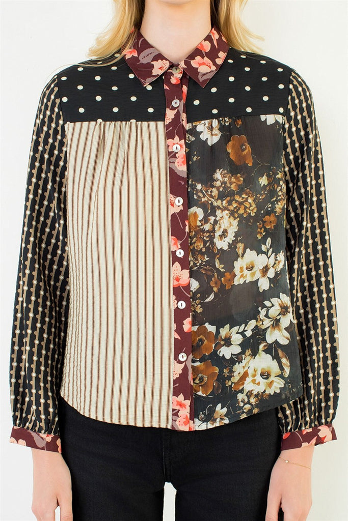 button down top with a striking mixed print design